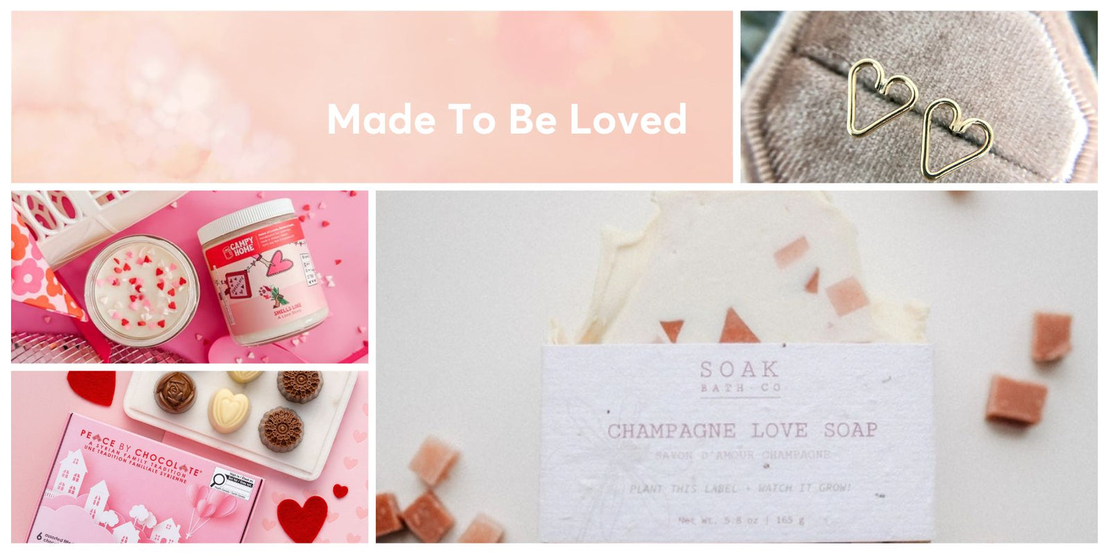 Collage of products with 'Made To Be Loved' text, including a soap bar, heart-shaped jewelry, and Valentine's Day-themed items.