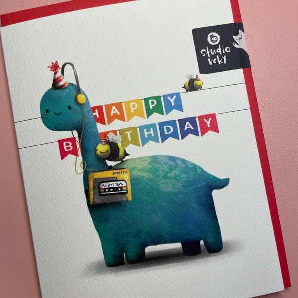 Walkman Dinsoaur Birthday Card (HB018) | studio vcky | boogie + birdie
