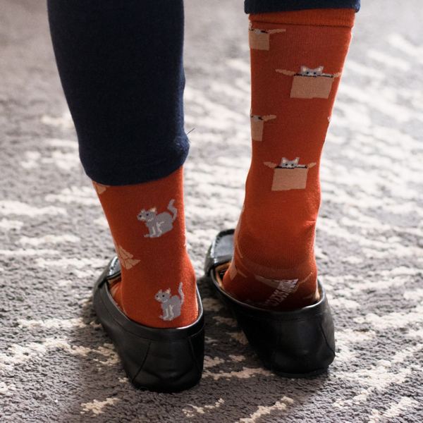 Women's Orange Cat & Box Socks | Friday Sock Co. | boogie + birdie
