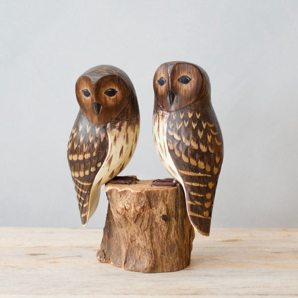 Hand Carved Barred Baby Owl Pair 13" | Aviologie | boogie + birdie