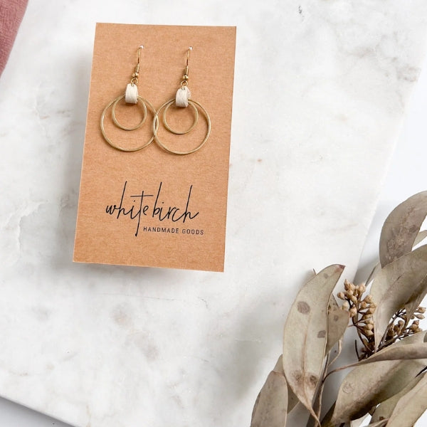 Beige Leather Oval & Double Brass Circles Drop Earrings | whitebirch handmade | boogie + birdie