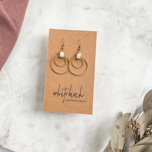 Beige Leather Oval & Double Brass Circles Drop Earrings | whitebirch handmade | boogie + birdie