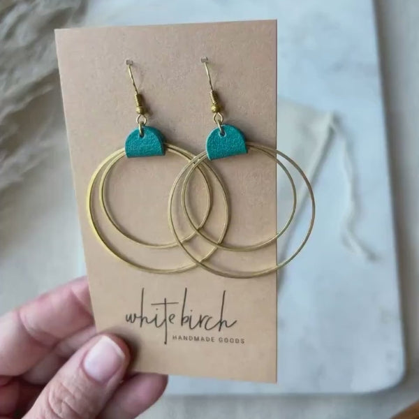 Distressed Teal Leather & Brass Circles Drop Earrings | whitebirch handmade | boogie + birdie