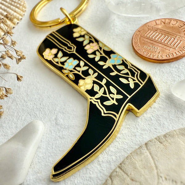Dolly Cowboy Boot Enamel Keychain-Black/Gold (KC25DOLLY-BG) | Pika & Bear | boogie + birdie