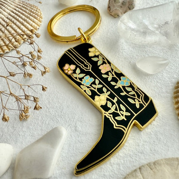 Dolly Cowboy Boot Enamel Keychain-Black/Gold (KC25DOLLY-BG) | Pika & Bear | boogie + birdie