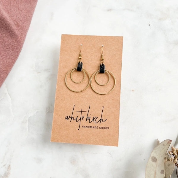 Black Leather Oval & Double Brass Circles Drop Earrings | whitebirch handmade | boogie + birdie