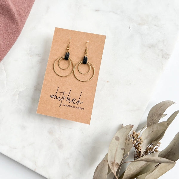 Black Leather Oval & Double Brass Circles Drop Earrings | whitebirch handmade | boogie + birdie
