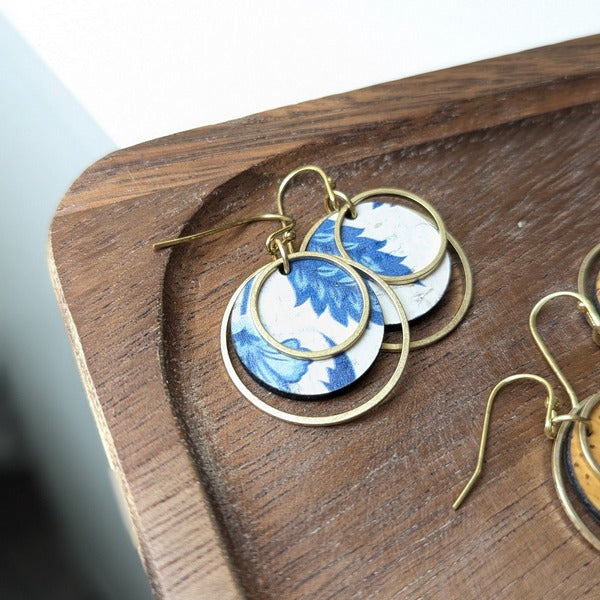 Blue & White Floral Brass Circle Earrings | Hello Lovely | boogie + birdie