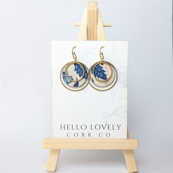 Blue & White Floral Brass Circle Earrings | Hello Lovely | boogie + birdie