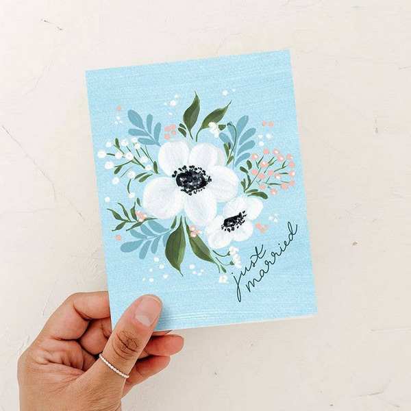 Blue Floral Just Married Wedding Card | Almeida Illustrations | boogie + birdie