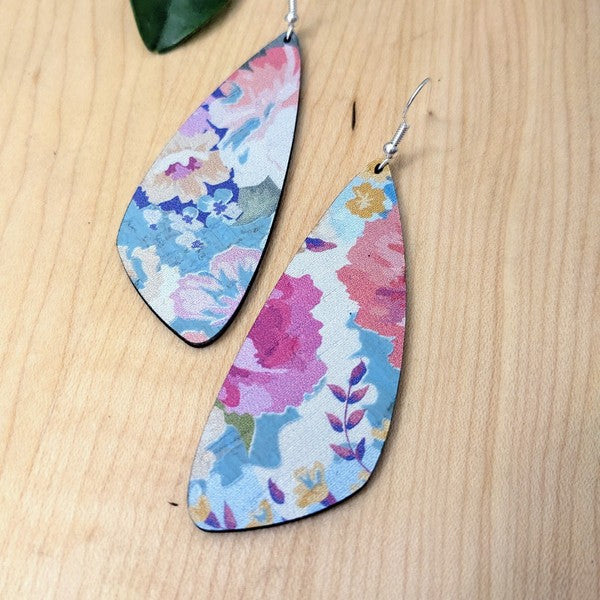 Blue with Pink Roses Wing Cork Earrings