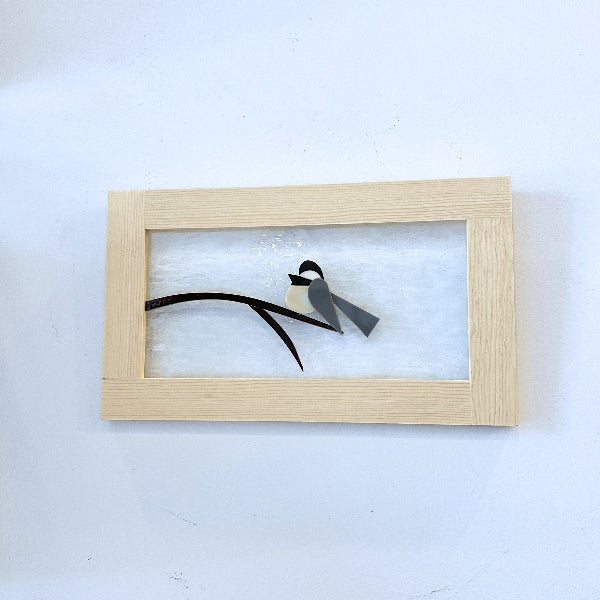 Glass Chickadees on a Branch Framed Art 8x14 | Shards of Time | boogie + birdie