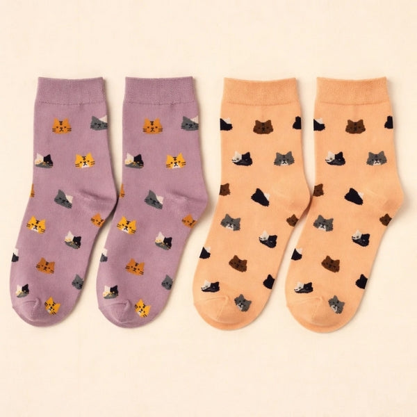Coral + Grape Mew Cat Pattern Crew Socks | Pack of 2 | Pika & Bear | boogie + birdie
