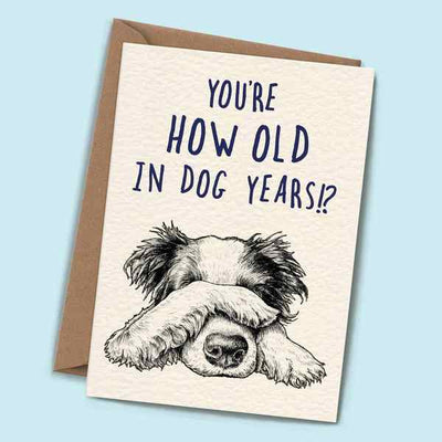 Greeting card with a dog illustration and text 'You're how old in dog years?' on a light blue background. | Dog Years Birthday Card (B05) | Bewilderbeest | boogie + birdie