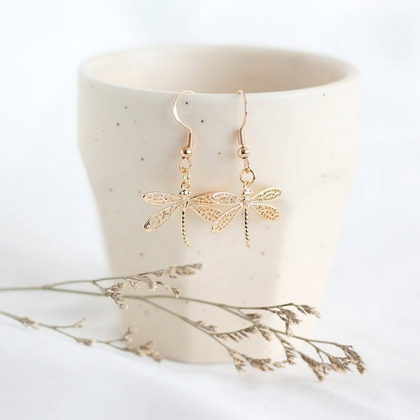 Gold Dragonfly Drop Earrings | Birch Jewellery | boogie + birdie