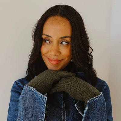 Khaki Ribbed Wrist Warmer Faux Suede Gloves  | Winter Accessories | boogie + birdie