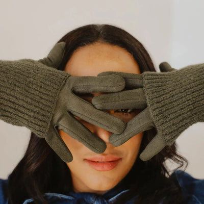 Khaki Ribbed Wrist Warmer Faux Suede Gloves  | Winter Accessories | boogie + birdie