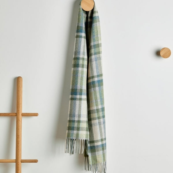 Green, Turquoise & Cream Tartan Lambswool Scarf | Foxford | boogie + birdie