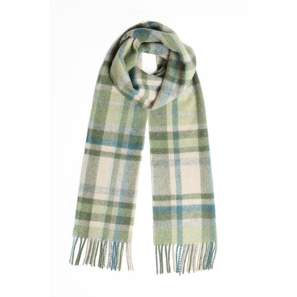 Green, Turquoise & Cream Tartan Lambswool Scarf | Foxford | boogie + birdie