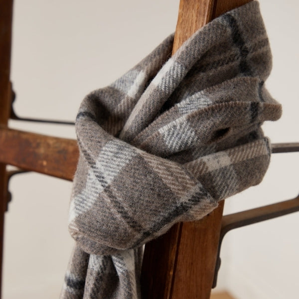 Grey & Mink Check Lambswool Scarf | Foxford | boogie + birdie