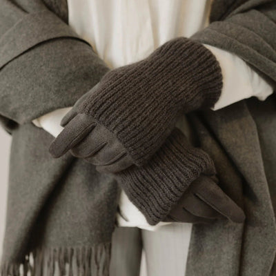 Dark Grey Ribbed Wrist Warmer Faux Suede Gloves | Winter Accessories | boogie + birdie