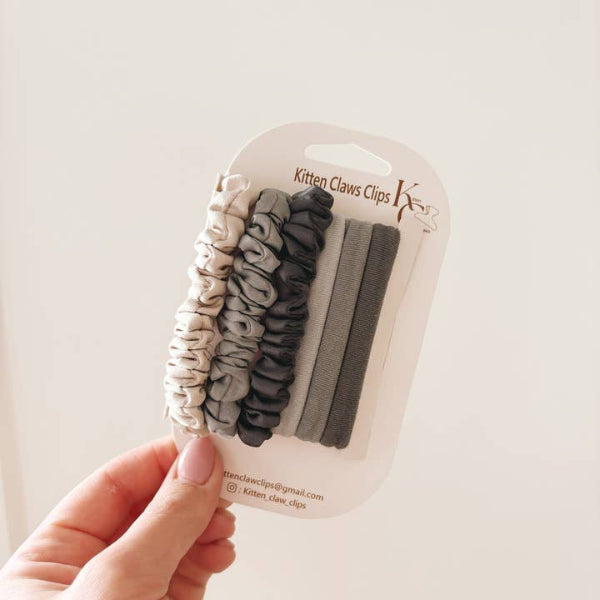 Grey Damage Free Hair Ties | Set of 6 | Kitten Claws Clips | boogie + birdie