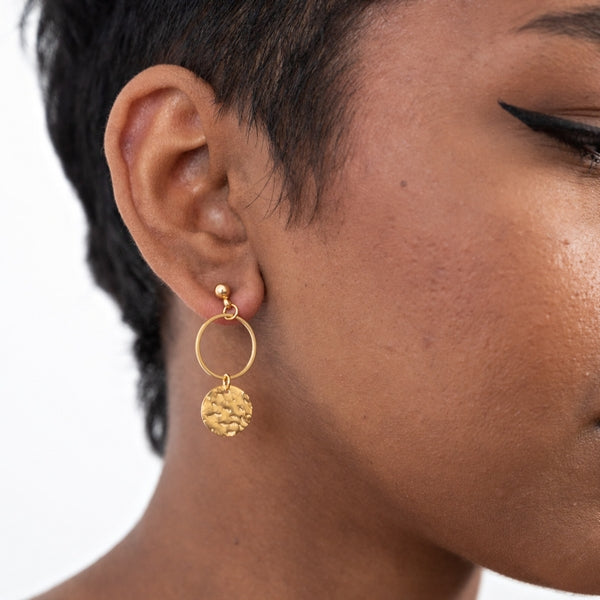 Gold Hammered Disk Hoops Earrings | Birch Jewellery | boogie + birdie