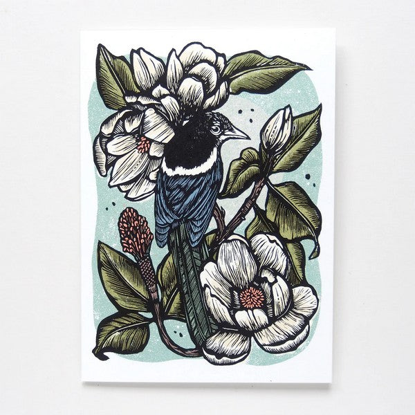 The Magpie Linocut Art Card | Hawk & Rose Press | boogie + birdie