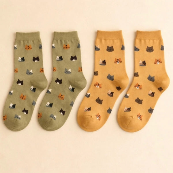 Apricot + Moss Mew Cat Pattern Crew Socks | Pack of 2 | Pika & Bear | boogie + birdie