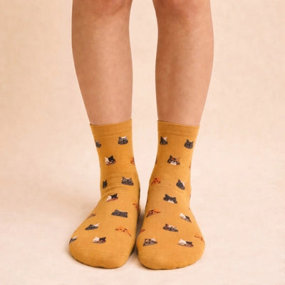 Apricot + Moss Mew Cat Pattern Crew Socks | Pack of 2 | Pika & Bear | boogie + birdie