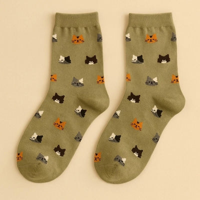 Apricot + Moss Mew Cat Pattern Crew Socks | Pack of 2 | Pika & Bear | boogie + birdie