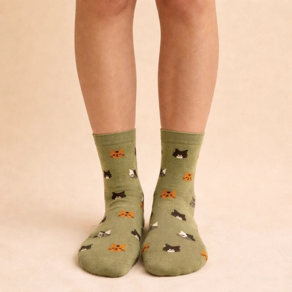 Apricot + Moss Mew Cat Pattern Crew Socks | Pack of 2 | Pika & Bear | boogie + birdie