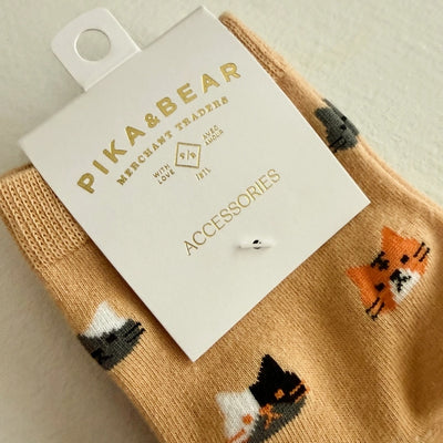 Apricot + Moss Mew Cat Pattern Crew Socks | Pack of 2 | Pika & Bear | boogie + birdie