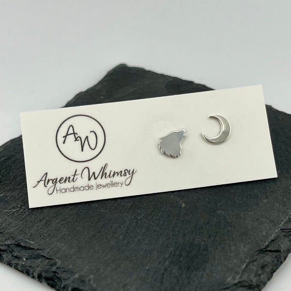 Silver Moon + Wolf  Stud Earrings Set | Argent Whimsy | boogie + birdie