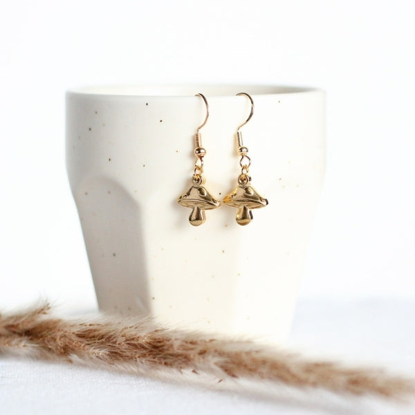 Gold Mushroom Drop Earrings | Birch Jewellery | boogie + birdie