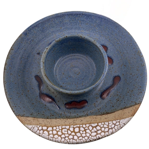 Blue Bubble Wavy Dip Plate | Parsons Dietrich | boogie + birdie | Ceramic plate with a central bowl and decorative elements on a white background
