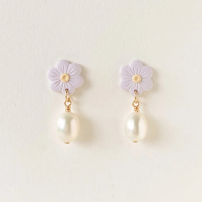Lilac Pearl Daisies Gold Drop Earrings | Wildberry Studio | boogie + birdie