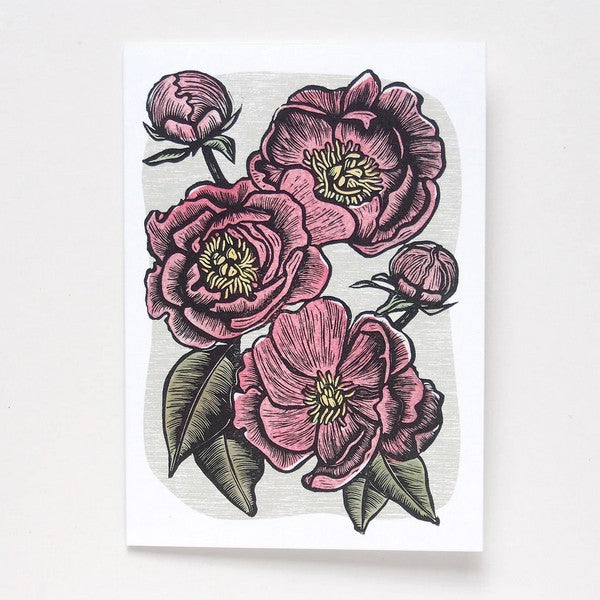 Peonies Linocut Art Card | Hawk & Rose Press | boogie + birdie