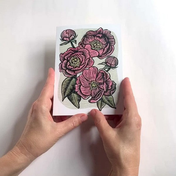 Peonies Linocut Art Card | Hawk & Rose Press | boogie + birdie