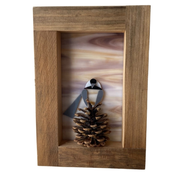 Glass Chickadee on a Pinecone Framed Wall Art 12x12 | Shards of Time | boogie + birdie