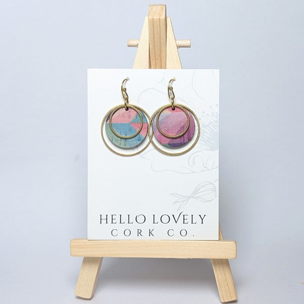 Pink Herringbone Brass Circle Cork Earrings | Hello Lovely | boogie + birdie