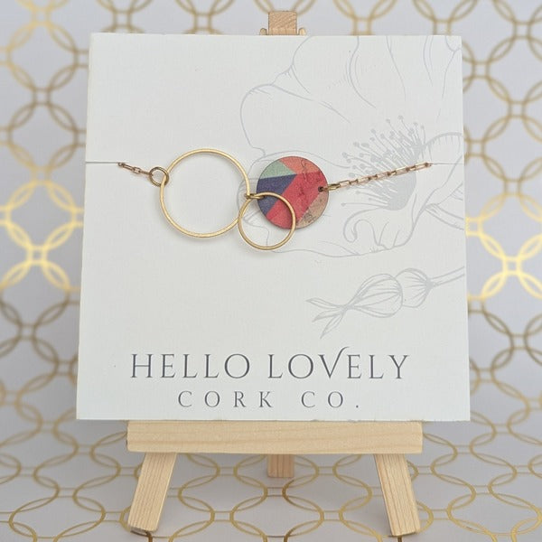 Pink & Herringbone With Green & Pink Floral Brass Circle Reversible Necklace | Hello Lovely | boogie + birdie