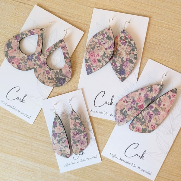 Pink Pansies Teardrop Cork Earrings  | Plum Tree | boogie + birdie 