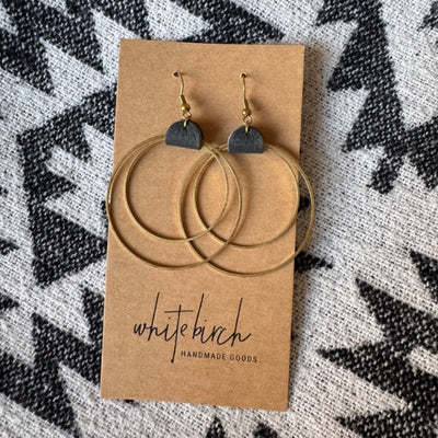 Black Leather & Brass Circles Drop Earrings | whitebirch handmade | boogie + birdie