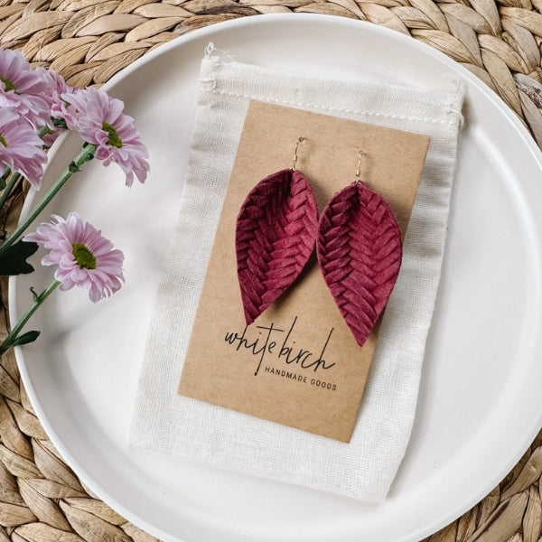 Raspberry Braided Leather Leaf Drop Earrings | whitebirch handmade | boogie + birdie