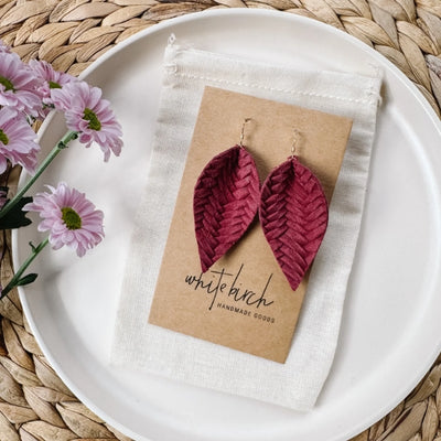 Raspberry Braided Leather Leaf Drop Earrings | whitebirch handmade | boogie + birdie