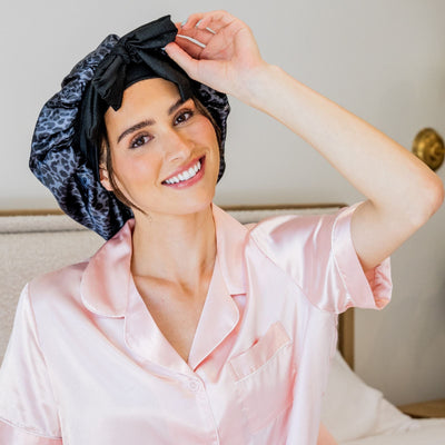 Black Cheetah Satin Sleep Bonnet | Lemon Lavender | boogie + birdie