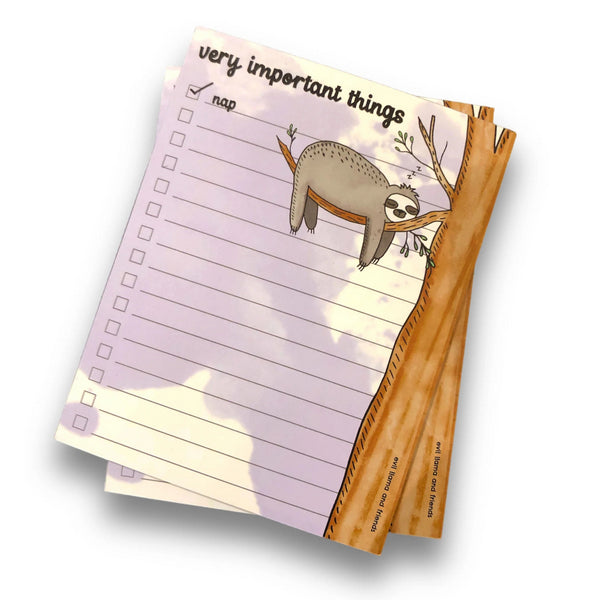 Sloth Very Important Things Notepad | Evil Llama and Friends | boogie + birdie
