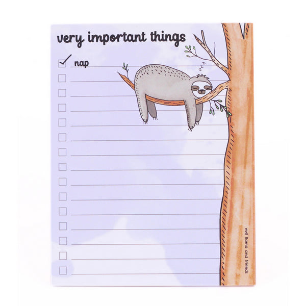 Sloth Very Important Things Notepad | Evil Llama and Friends | boogie + birdie