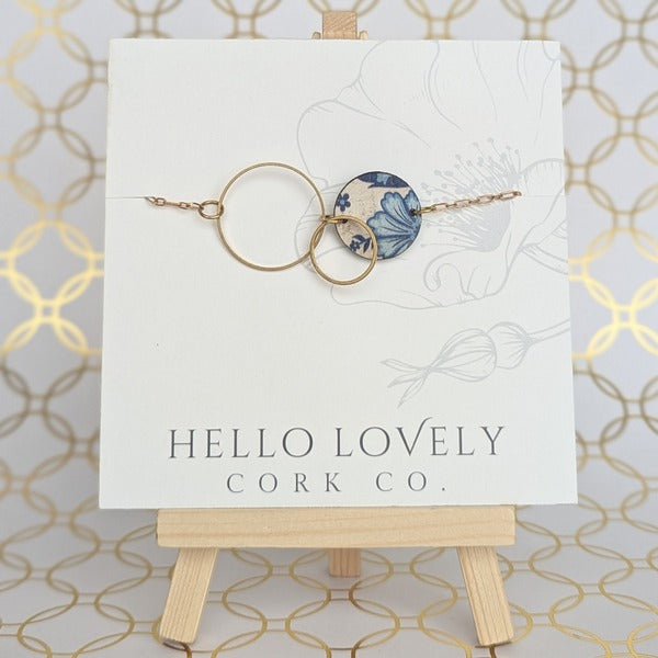 Blue & White Floral with Royal Blue Brass Circle Reversible Necklace | Hello Lovely | boogie + birdie